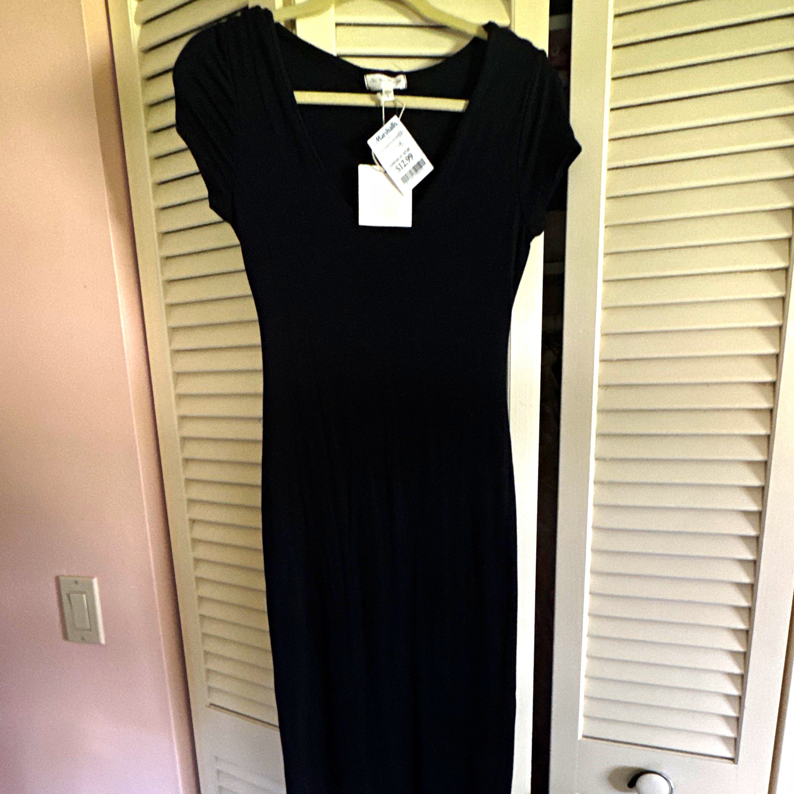 Black Solid Knit V-Neck Short Sleeve Pullover Maxi Dress Long Women’s L