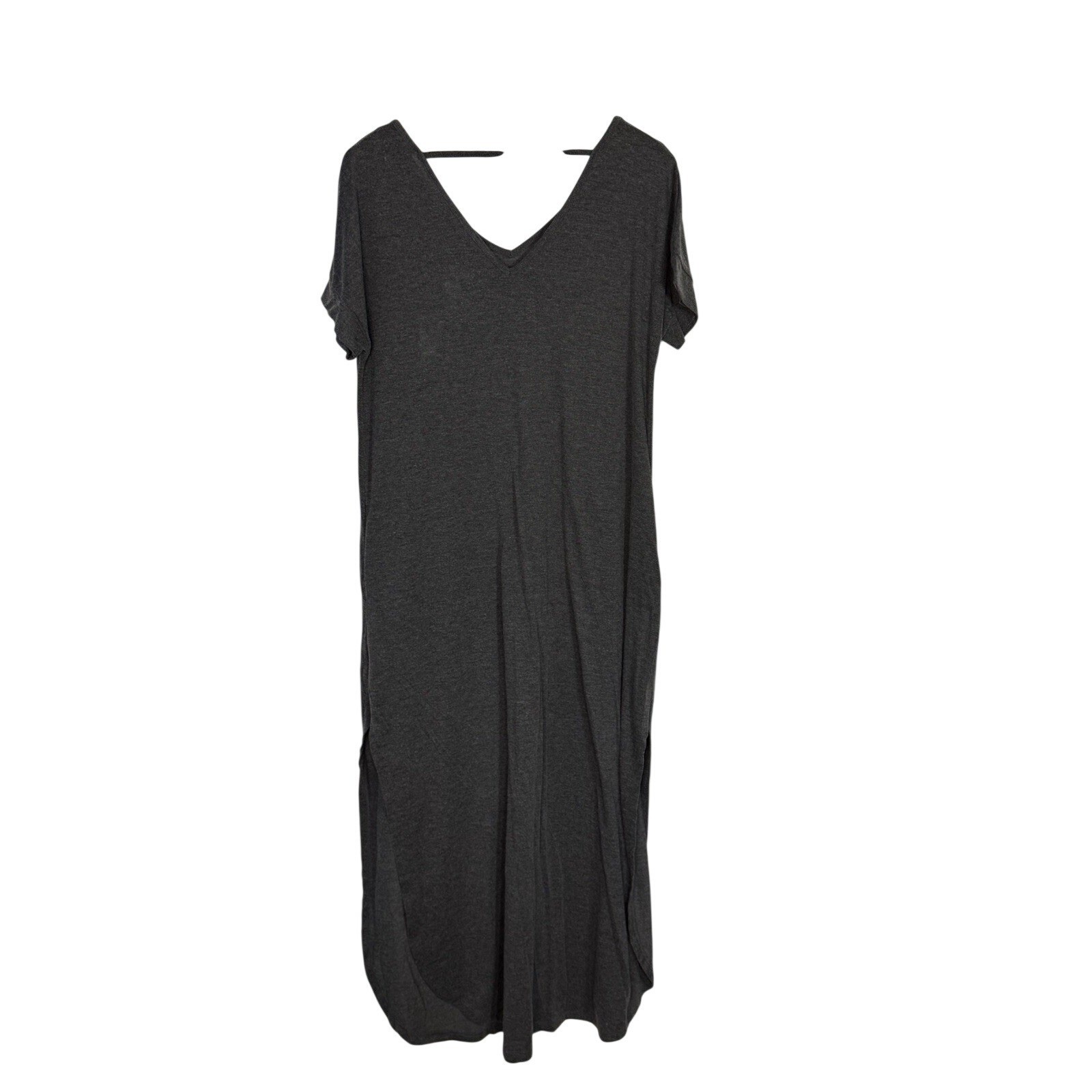Womens Casual Maxi Dress Large Grey Cotton Blend Short Sleeve Side Slits