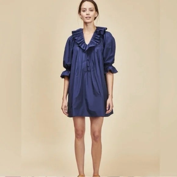 Hunter Bell Sullivan Ruffled Neck Puff Sleeve Mini Dress Navy SZ Small