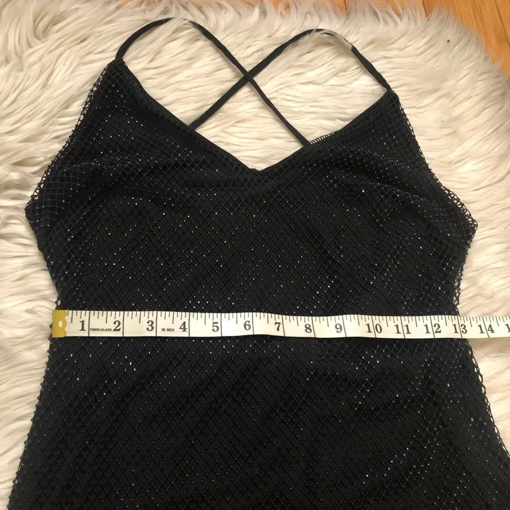 Windsor Good Vibes Fishnet Rhinestone Open Back Black Midi Dress L NWT