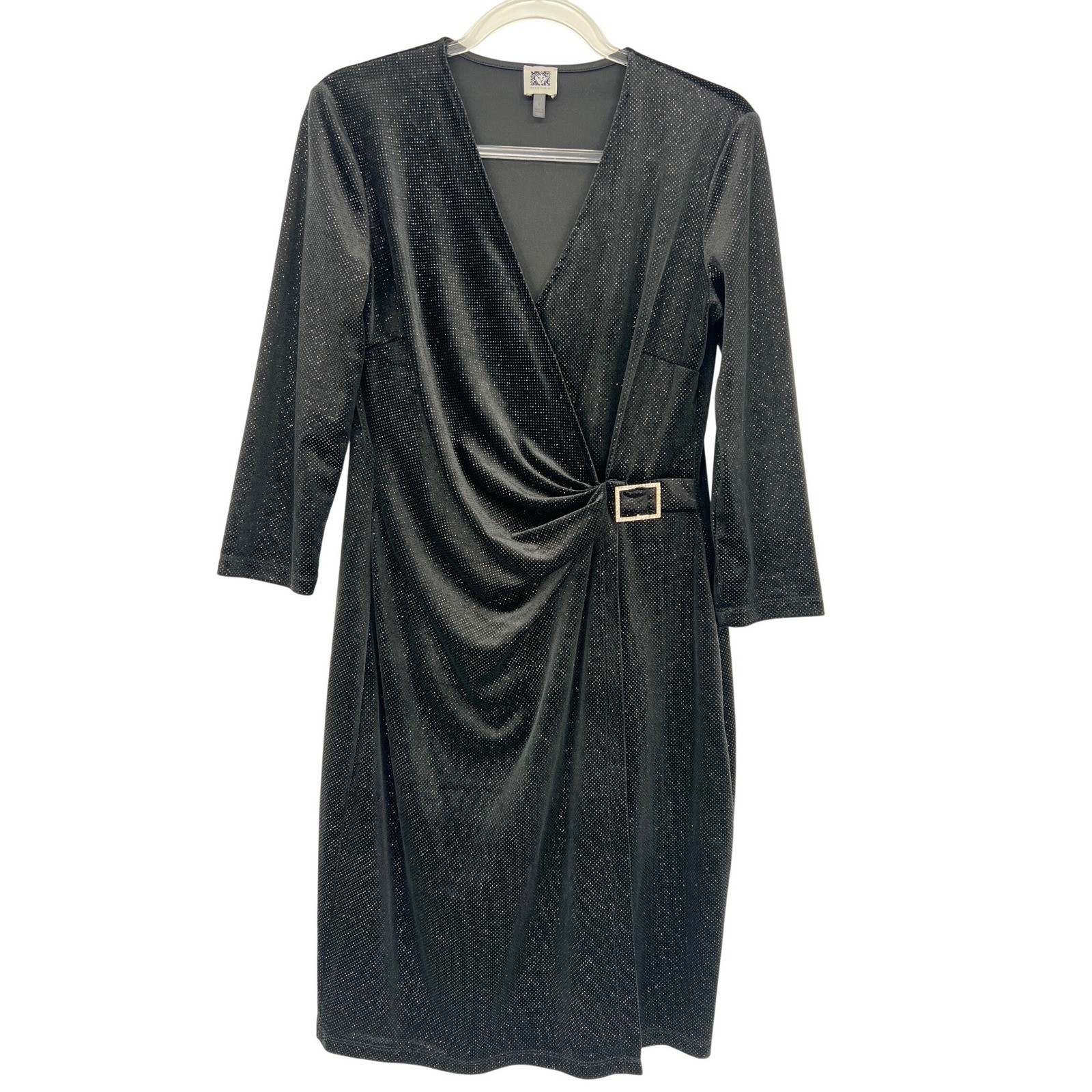 Anne Klein Womens Black Shimmer Faux Wrap Dress Rhinestone Buckle Size 8