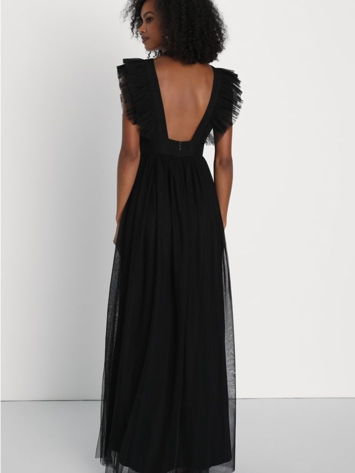 Lulus Simply Delighted Black Mesh Ruffled Backless Maxi Dress Size L NWT
