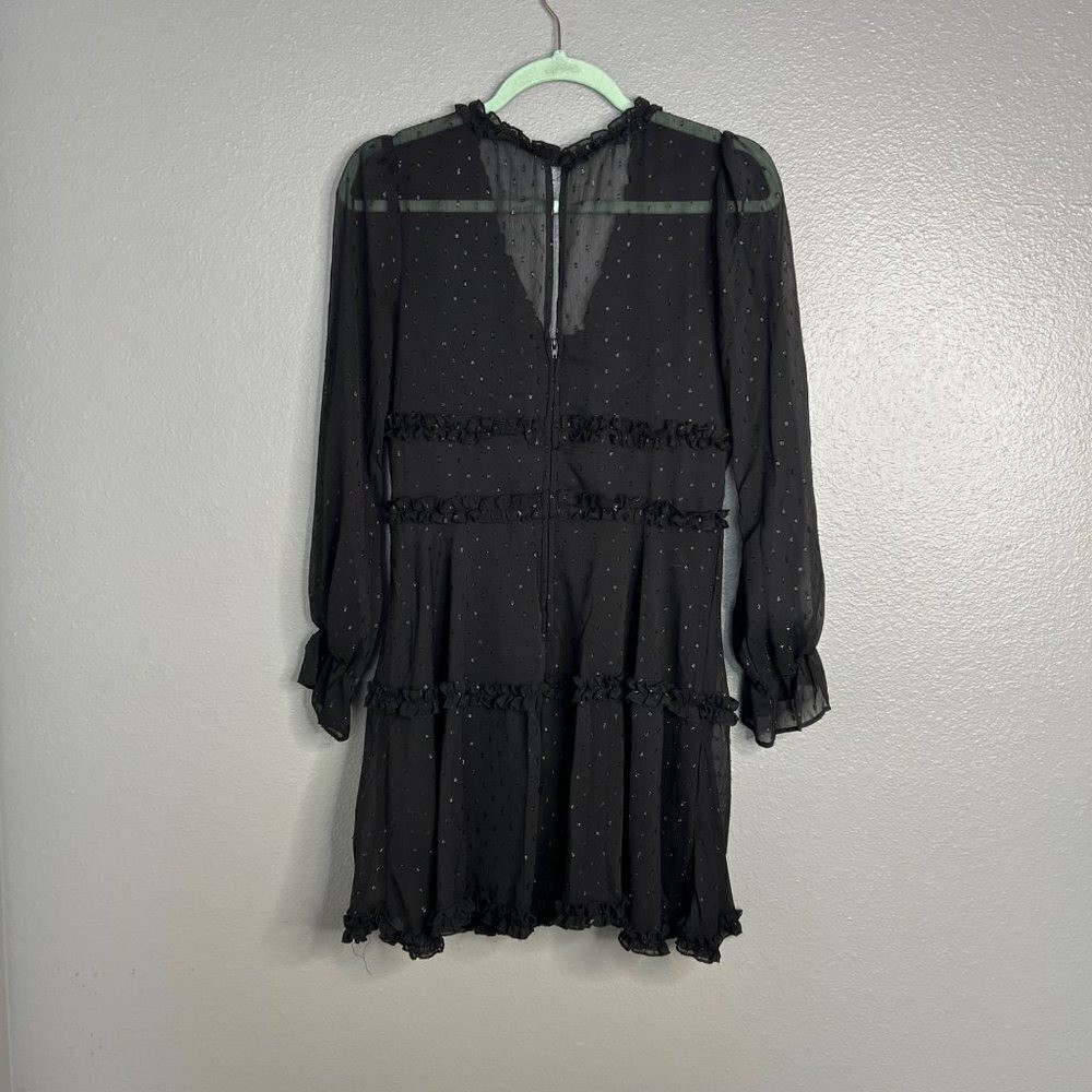 B. Smart Long Sleeve V-Neck Ruffle Mini Dress Size 5 Flowy Semi-Sheer
