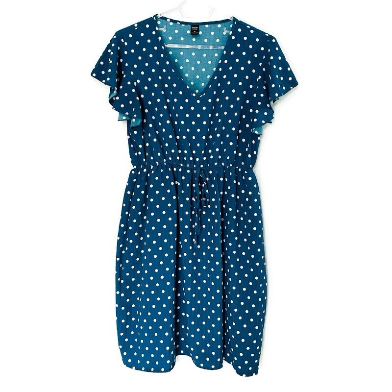 Emery Rose Teal Blue White Polka Dot Midi Dress M Flutter Sleeve V Neck Pockets