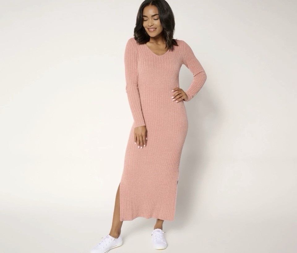 Barefoot Dreams CozyChic Ultra Lite V neck Pink Maxi Dress Lounge Medium New T6