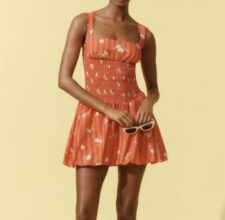 NWT Anthropologie Medium Square-Neck Smocked Bubble Coral Dress Floral Cottage