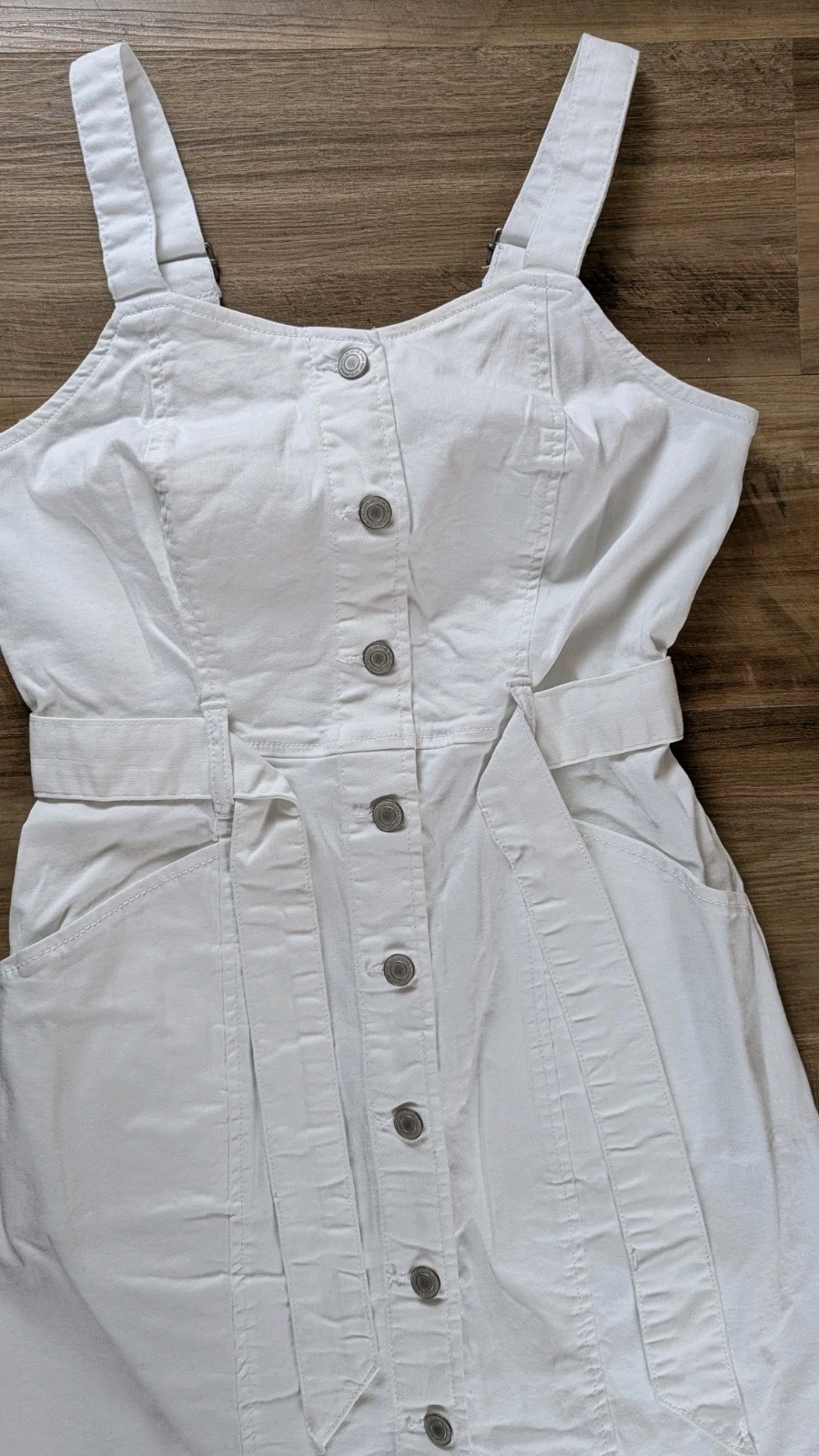 So Juniors Button Down Denim Buckle Straps Tie Waist Belt Overall Dress White M