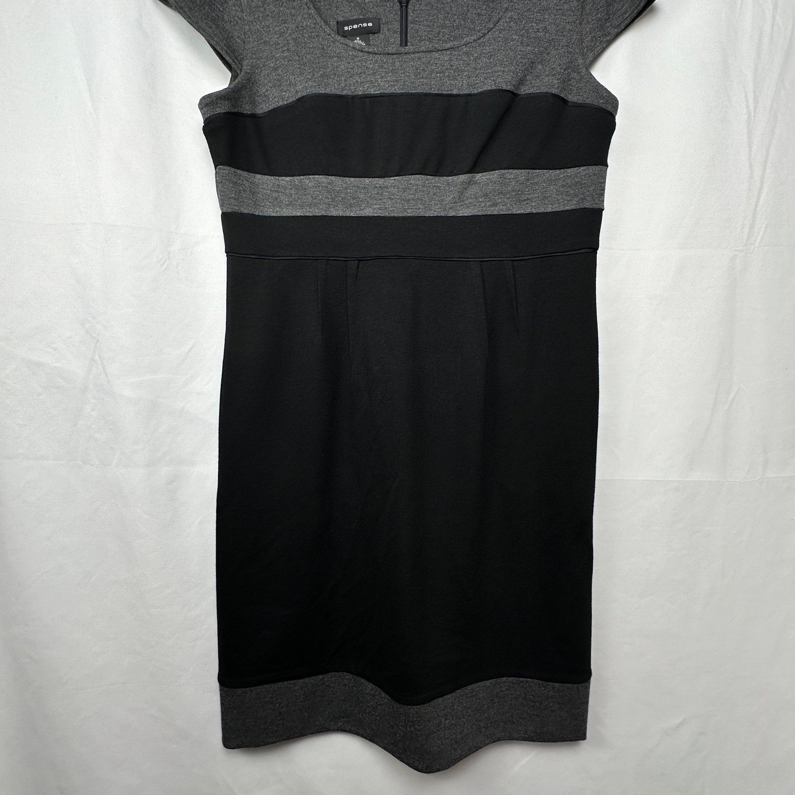 Preppy Classic Colorblock Sheath Dress Black Gray Cap Sleeve Spense Business Cas