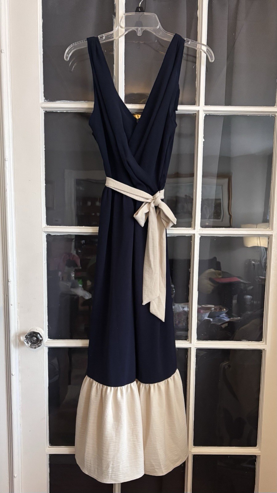 Navy/Cream Sleeveless Midi Fit & Flare Dress V-Neck Colorblock Belted