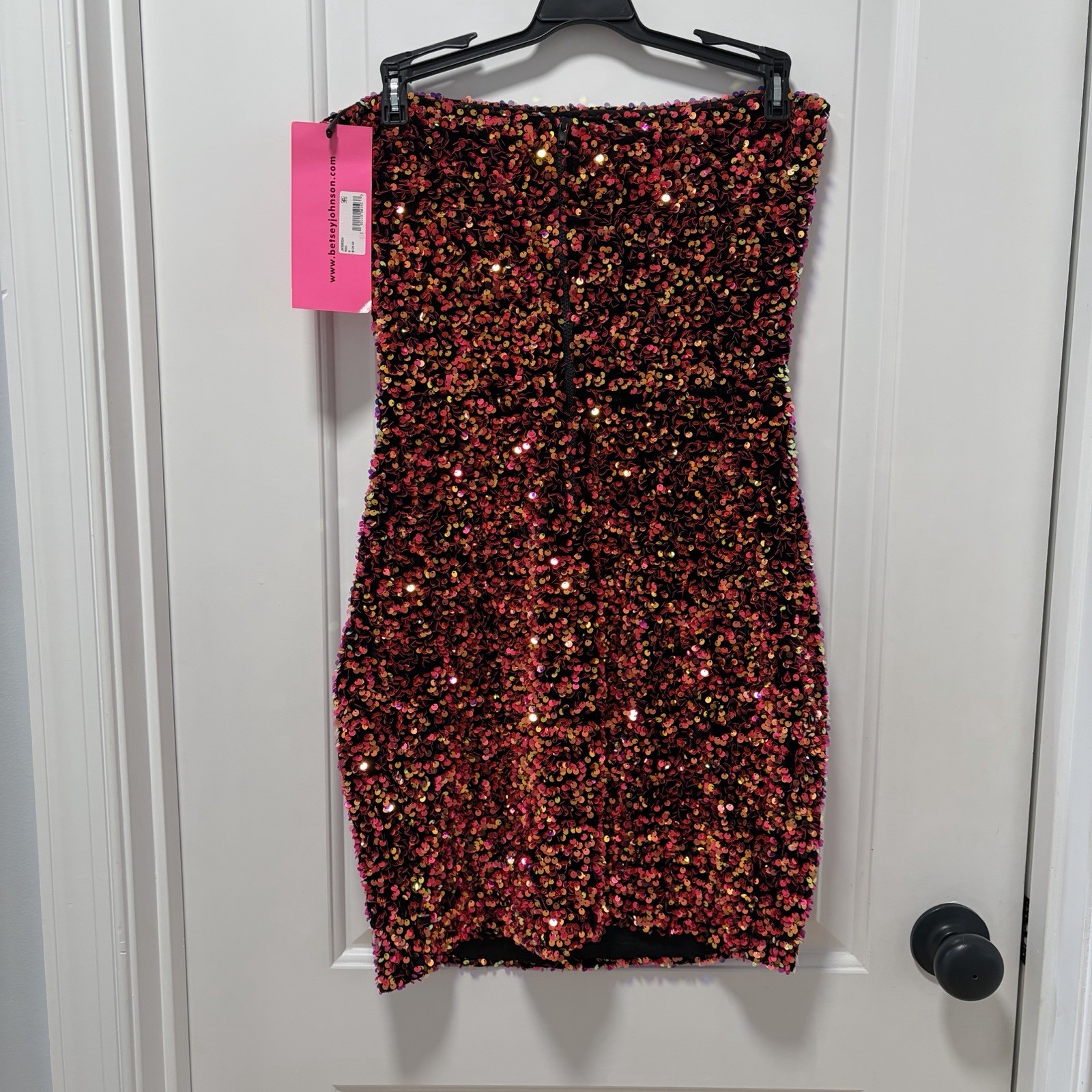 Betsey Johnson Sequined Velvet Strapless Mini Dress NWT size 6 Red Pink Black
