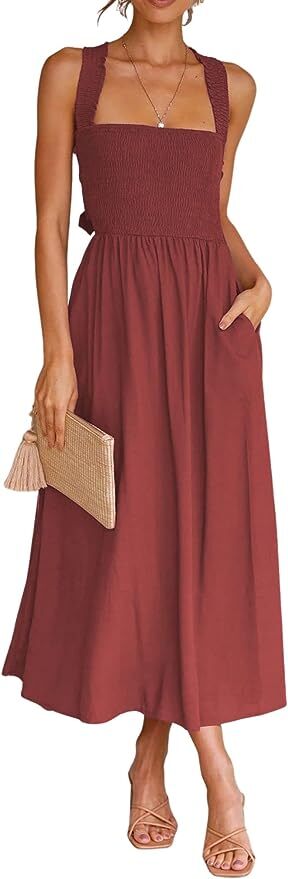 Women Sexy Spaghetti Strap Cut Out Smocked Dress Party Backless Flowy Midi Dress