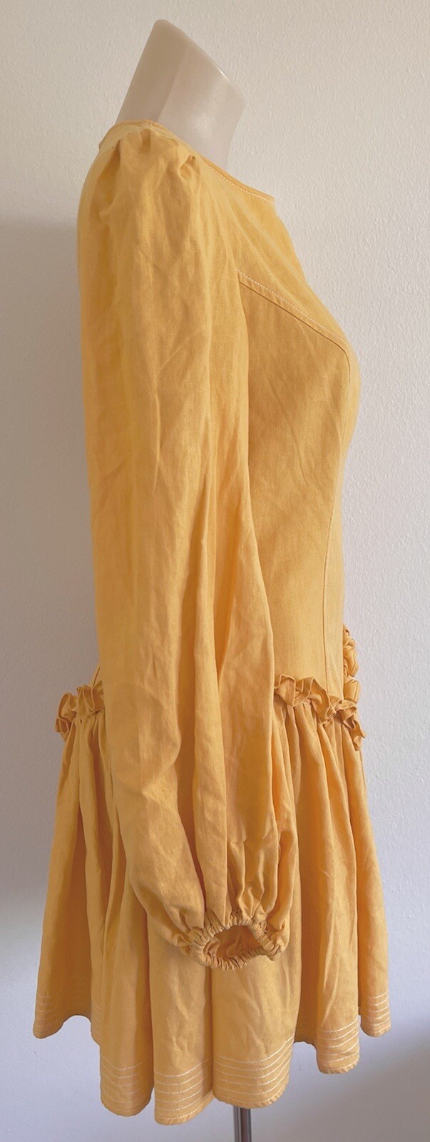 LEO LIN Mini Dress Yellow Pastel Orange Cotton Linen balloon Sleeves SZ AU 10 M