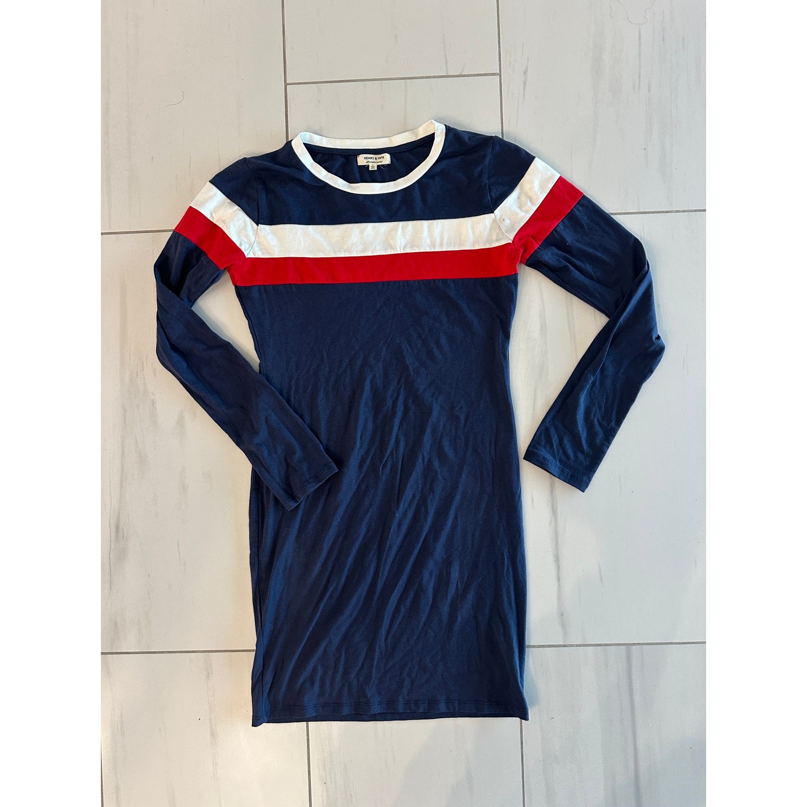 Heart & Hips Bodycon Dress Large Navy Red White Colors Long Sleeve Mini Dress