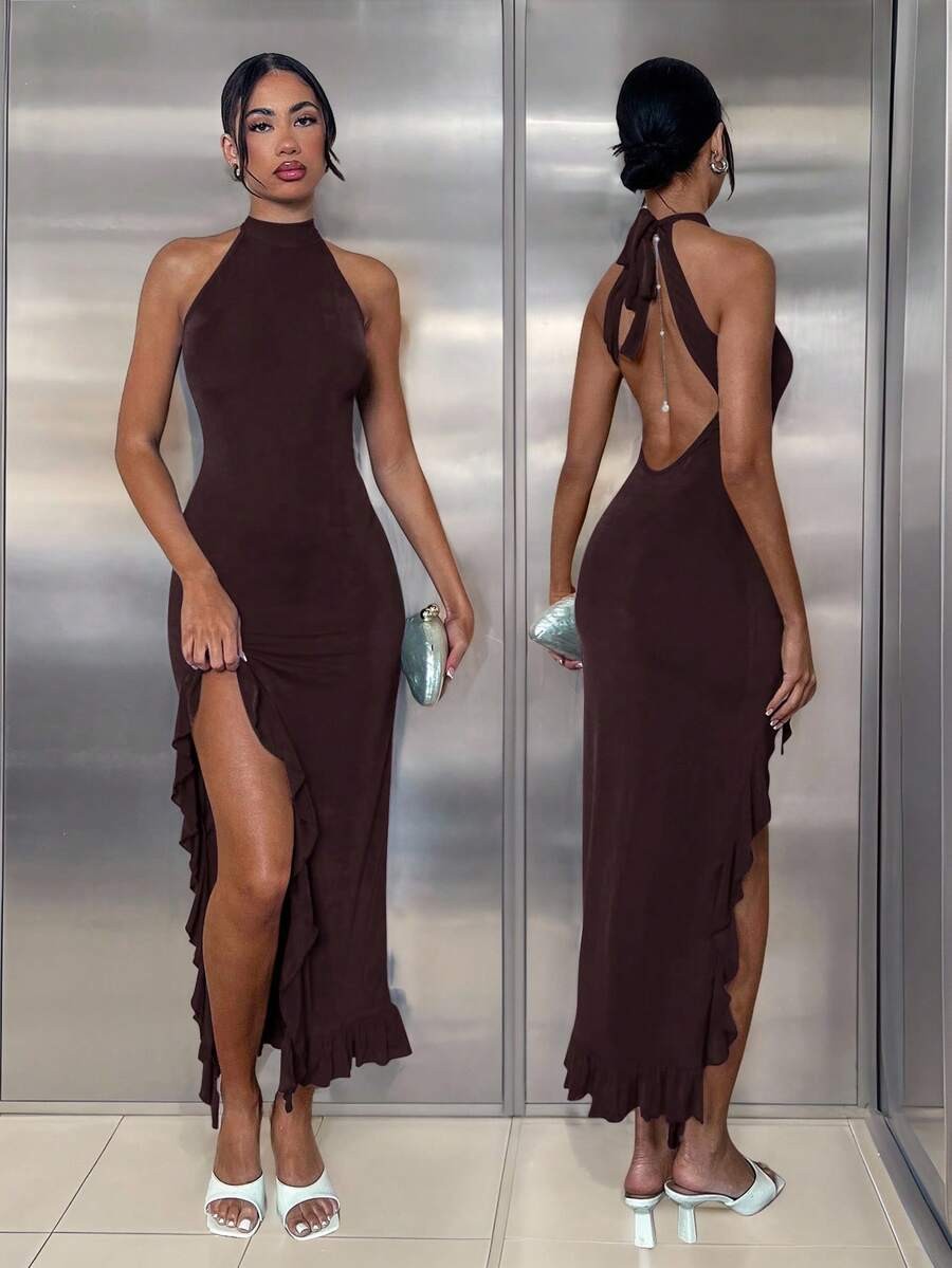 Elegant Halter Maxi Dress Backless Ruffle Bodycon Split Thigh Party Gown