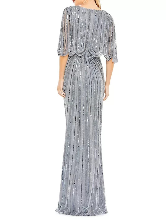 Mac Duggal Slate Blue Beaded Sequin Capelet Sleeve Column Gown Size 16 $698