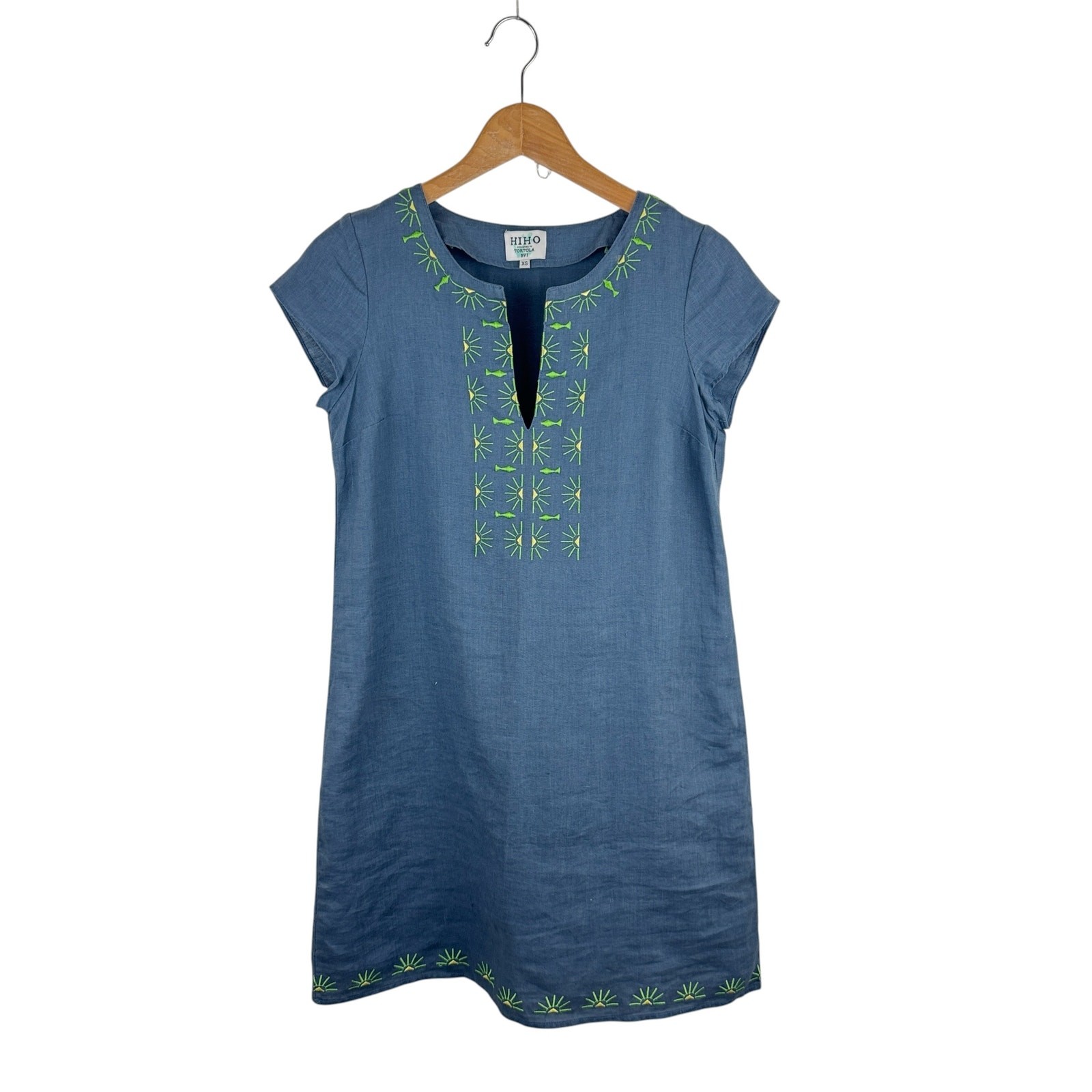 Hiho Tortola Embroidered Linen Shift Dress XS Blue Easy Casual