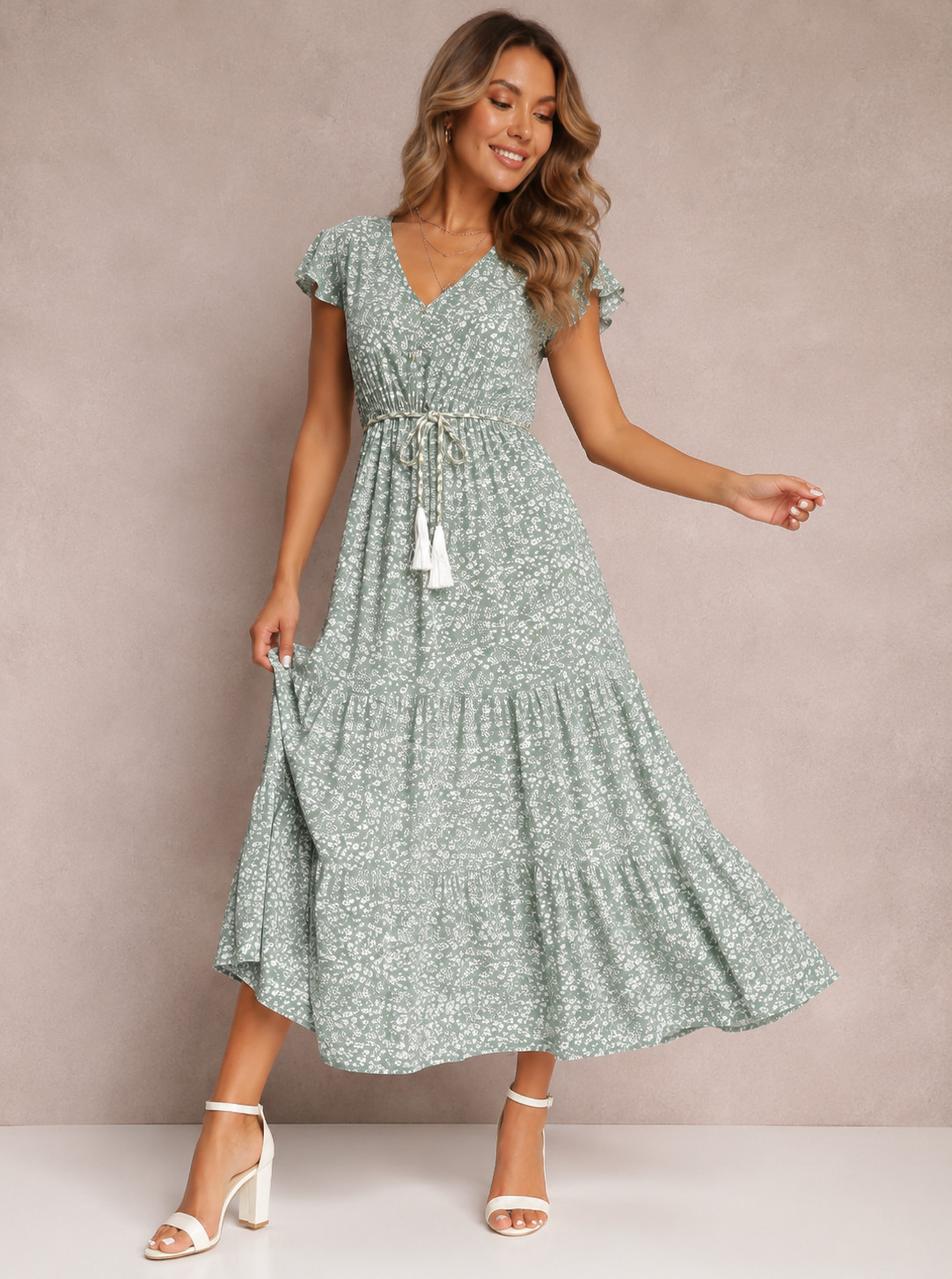 Boho Floral Tie Waist Midi Dress Women V Neck Ruffle Sleeve Summer Dress S-XL