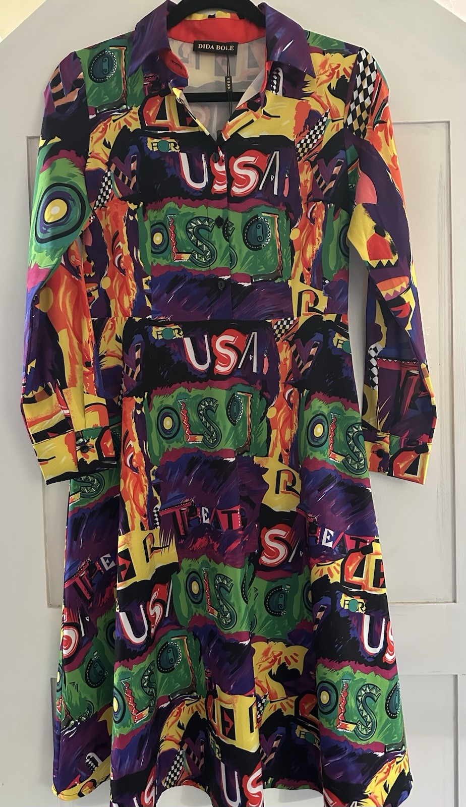 Dida Bole Pop Art Graphic Dress USA Print Retro 90s Y2K Shirt Dress S 6