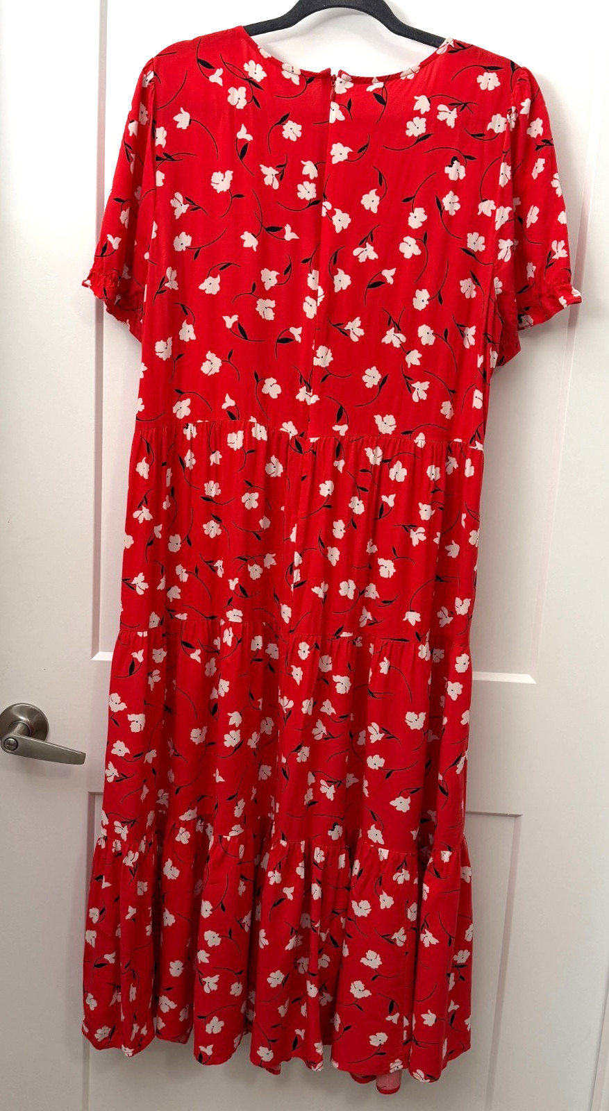 J.Crew Re-Imagined Red Floral Tiered Midi Dress XL Puff Sleeve 100% Viscose