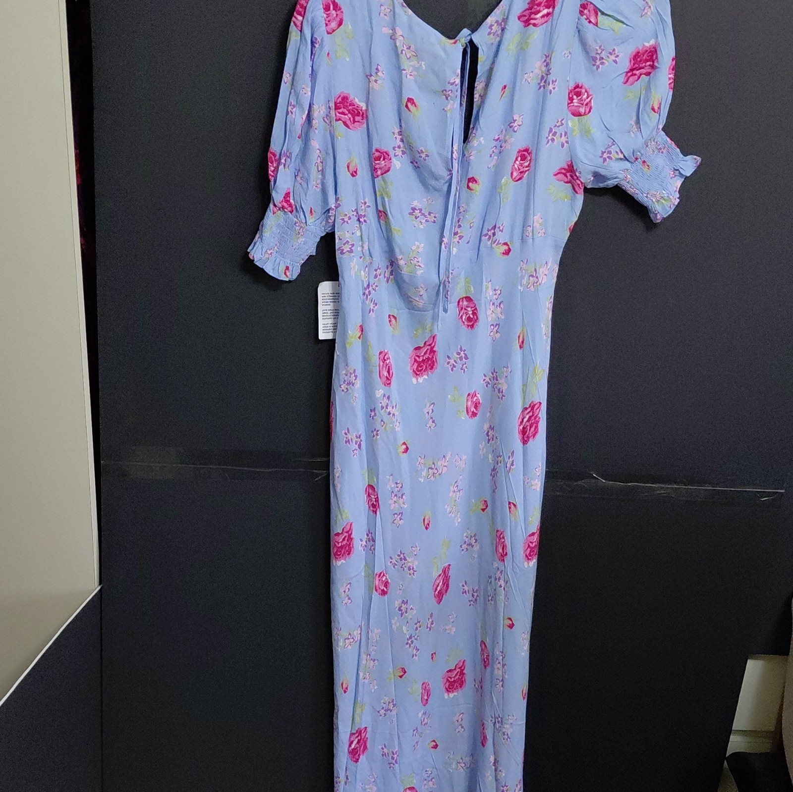 Topshop Blue Floral V-Neck Short Sleeve Maxi Dress Tie Neck UK 16