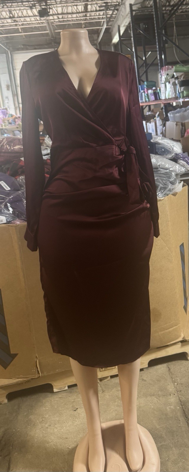 polyester 96 Burgundy Satin Wrap Midi Dress Ruched V-Neck Long Sleeve Tie Bow M