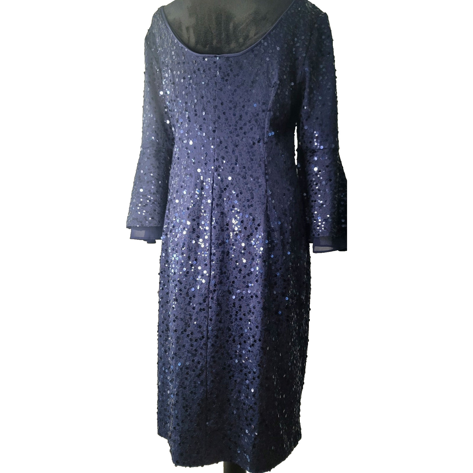 Navy Fully Sequined Ruffle Tiered 3/4 Sleeve Midi Dress SLNY Size 10