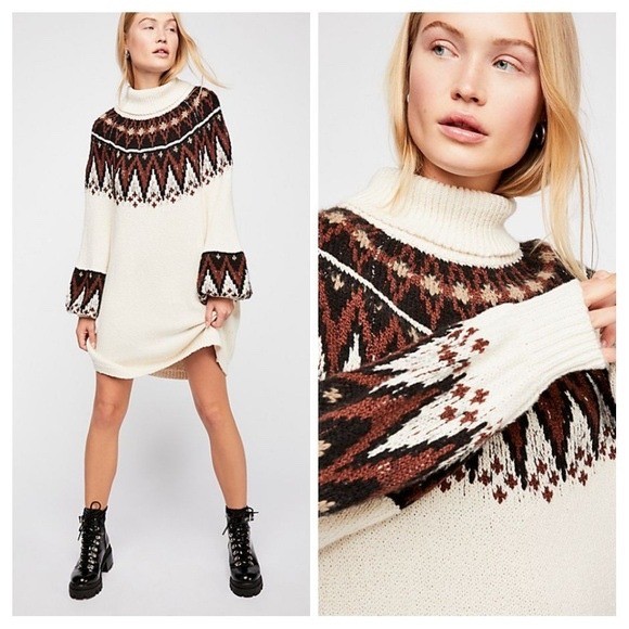 Free People Scotland Fair Isle Sweater Dress XS Boho Mock Neck Wool Mohair Ski