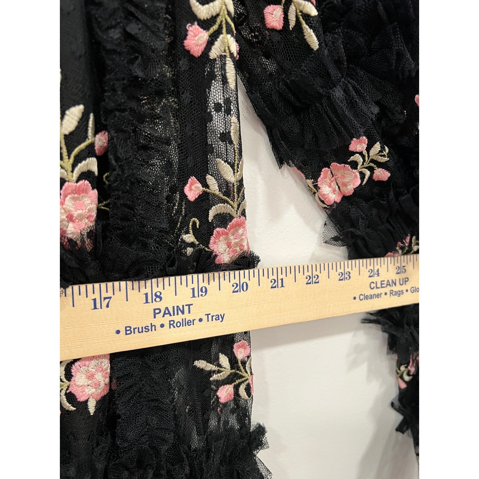 Mac Duggal Mini Dress Womens 8 Black Pink Floral Embroidered Tulle Tiered Ruffle