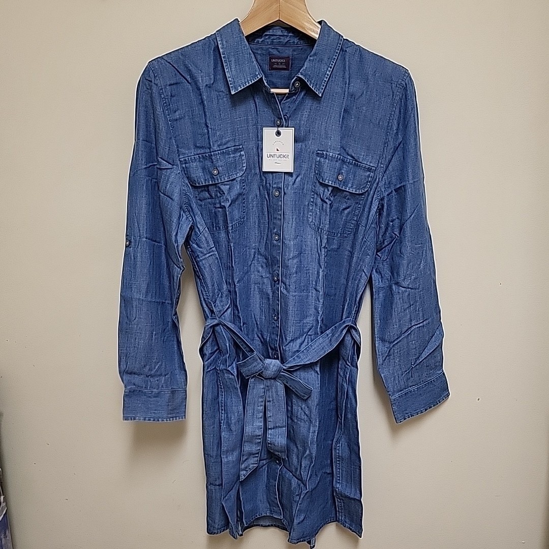 UNTUCKIT SIZE 18 Zara chambray Shirt Dress Regular Fit Long Sleeve Belted NWT
