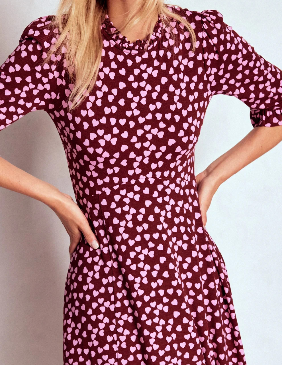 Boden Ruffle Seamed midi dress size 4 petite-wine & pink heart -D1379 -b91