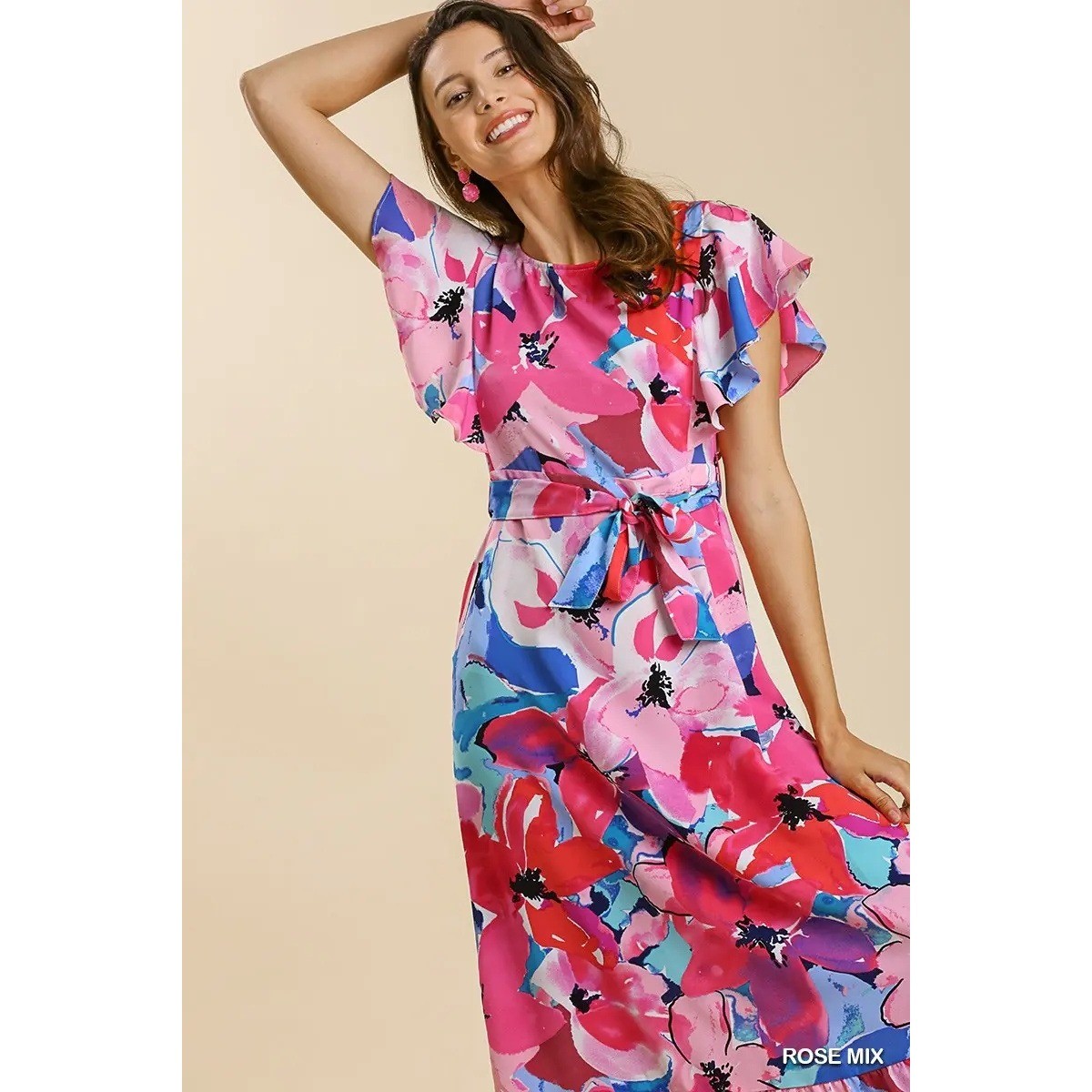 Rose Mix Floral Flutter Sleeve Midi Dress Pink Blue Abstract Print Belted A-Line