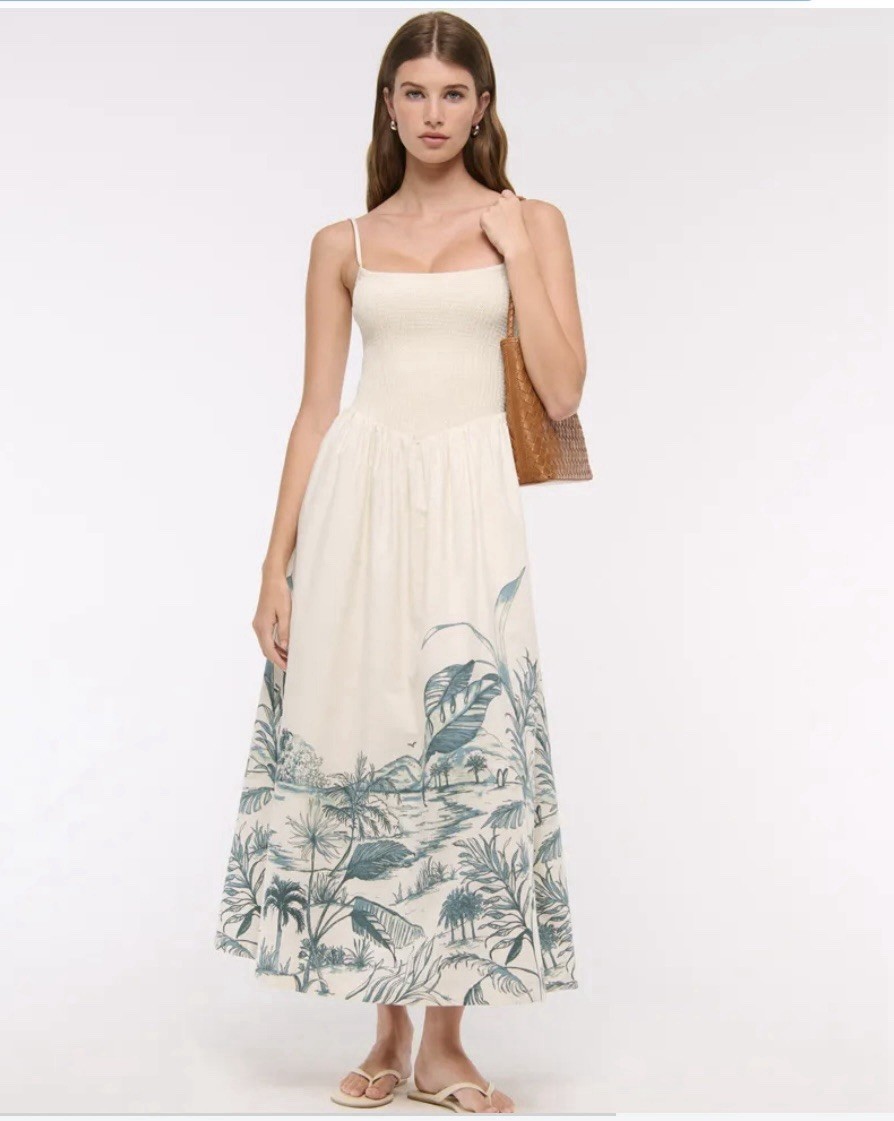 Abercrombie & Fitch Midi Dress Tropical Hawaiian Cream Smocked Thin Strap XS