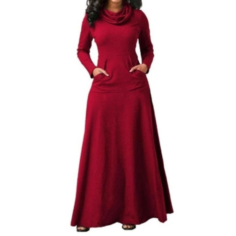 Plus Size 5XL Elegant Long Maxi Dress spring Winter Warm High Collar Women