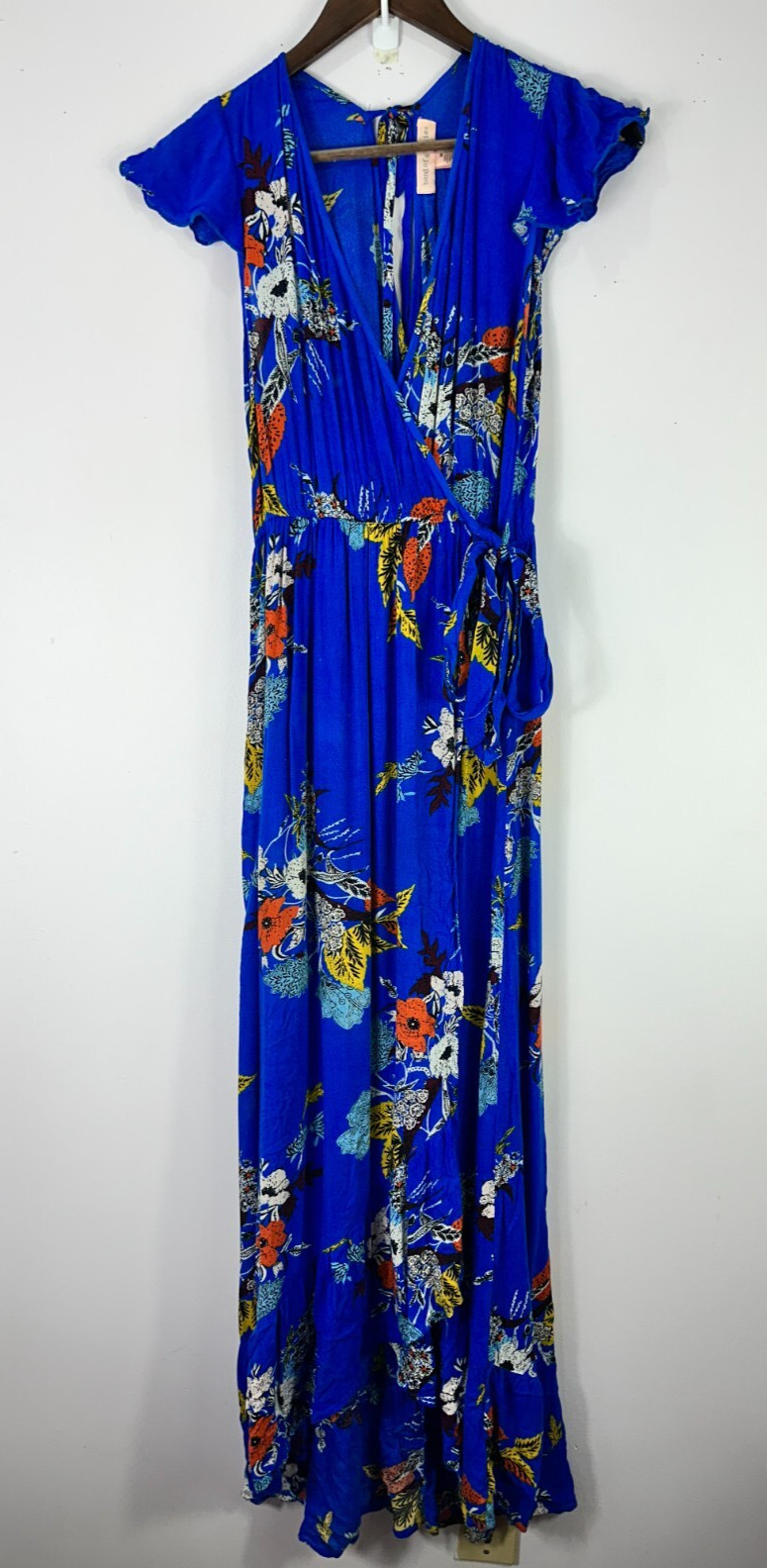 Band Of Gypsies Floral Maxi Dress Womens Medium Blue Faux Wrap Boho Whimsical