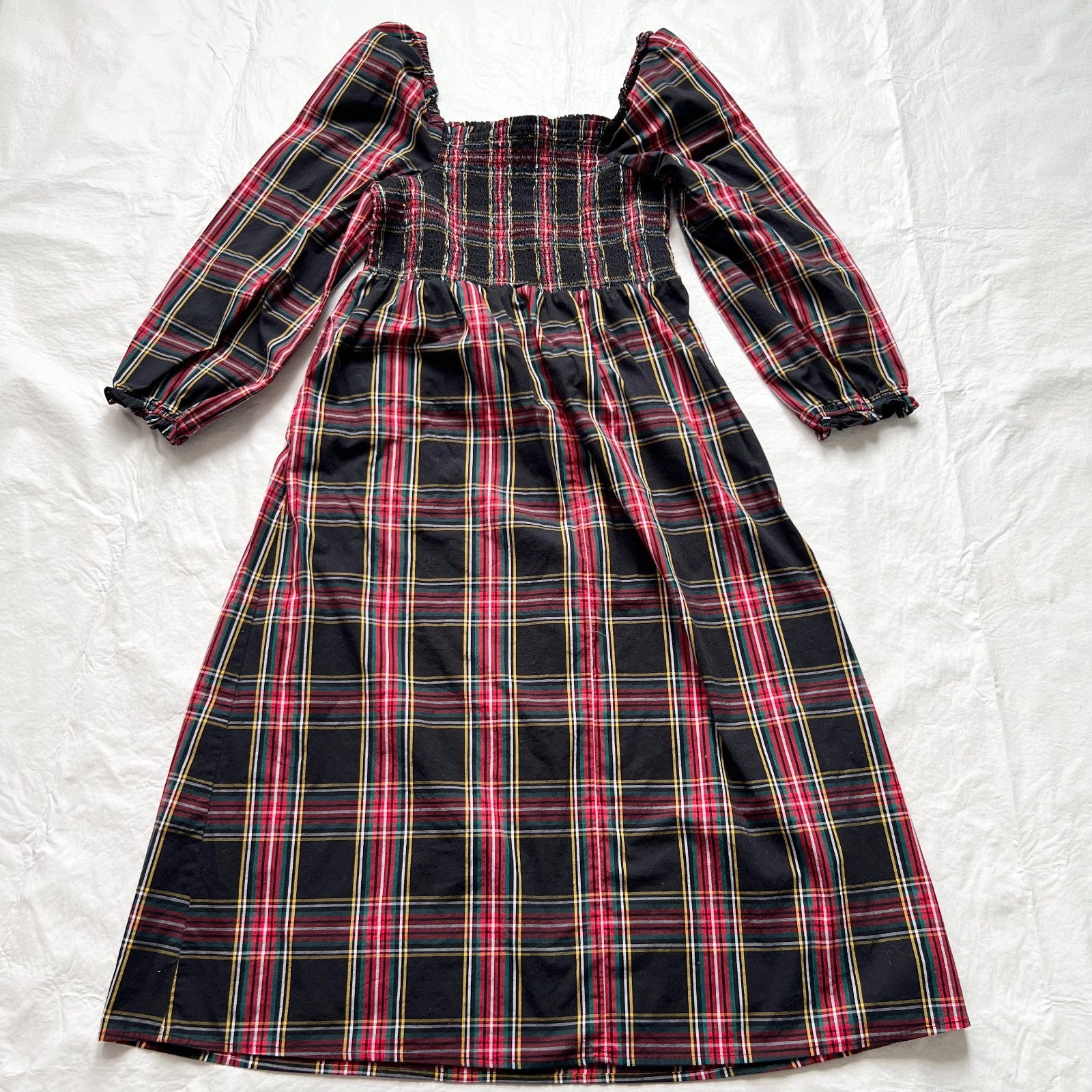 J Crew dress long sleeve black red tartan smocked womens Medium midi cotton