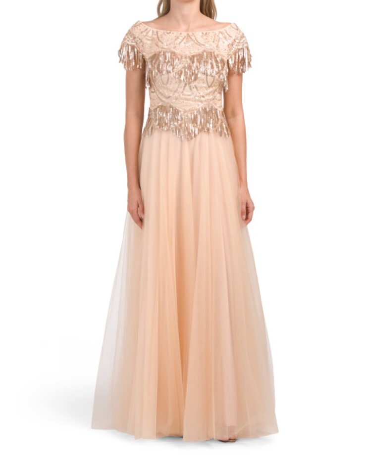 Tadashi Shoji Ruby Sequin Fringe Tulle Gown Evening Maxi Dress Peach Size 6 / S