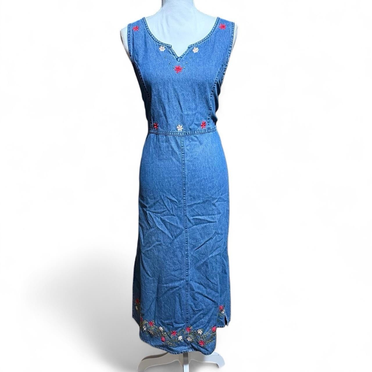 VTG 90s Agapo Women’s Denim Jumper Floral Patches Whimsy Modest Sun Dress Sz L