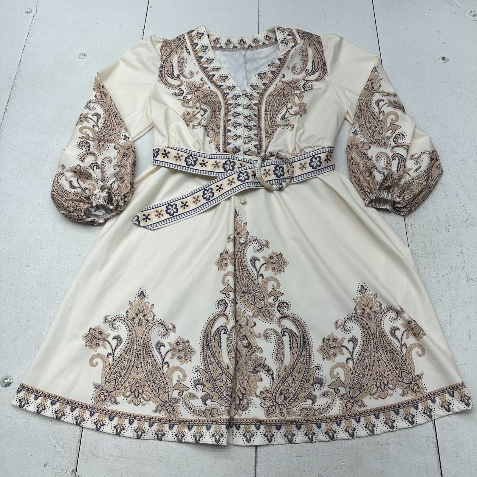 Ivory Beige Paisley Print Silky Long Sleeve Belted V Neck Dress Womens Size XL