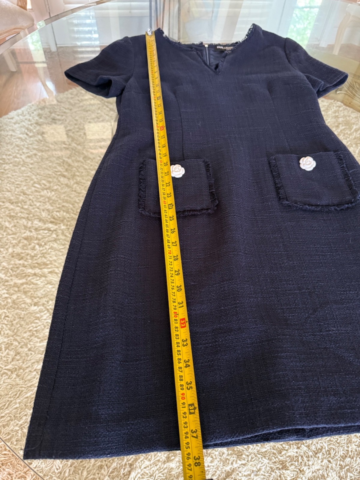 Karl Lagerfeld Navy Blue Tweed Sheath Shift Dress Pockets Rosette Buttons Sz 12