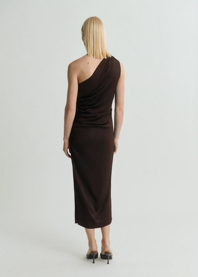 NWT MANGO MNG BROWN SATIN ONE SHOULDER RUCHED DETAIL MIDAXI DRESS SZ M US 6