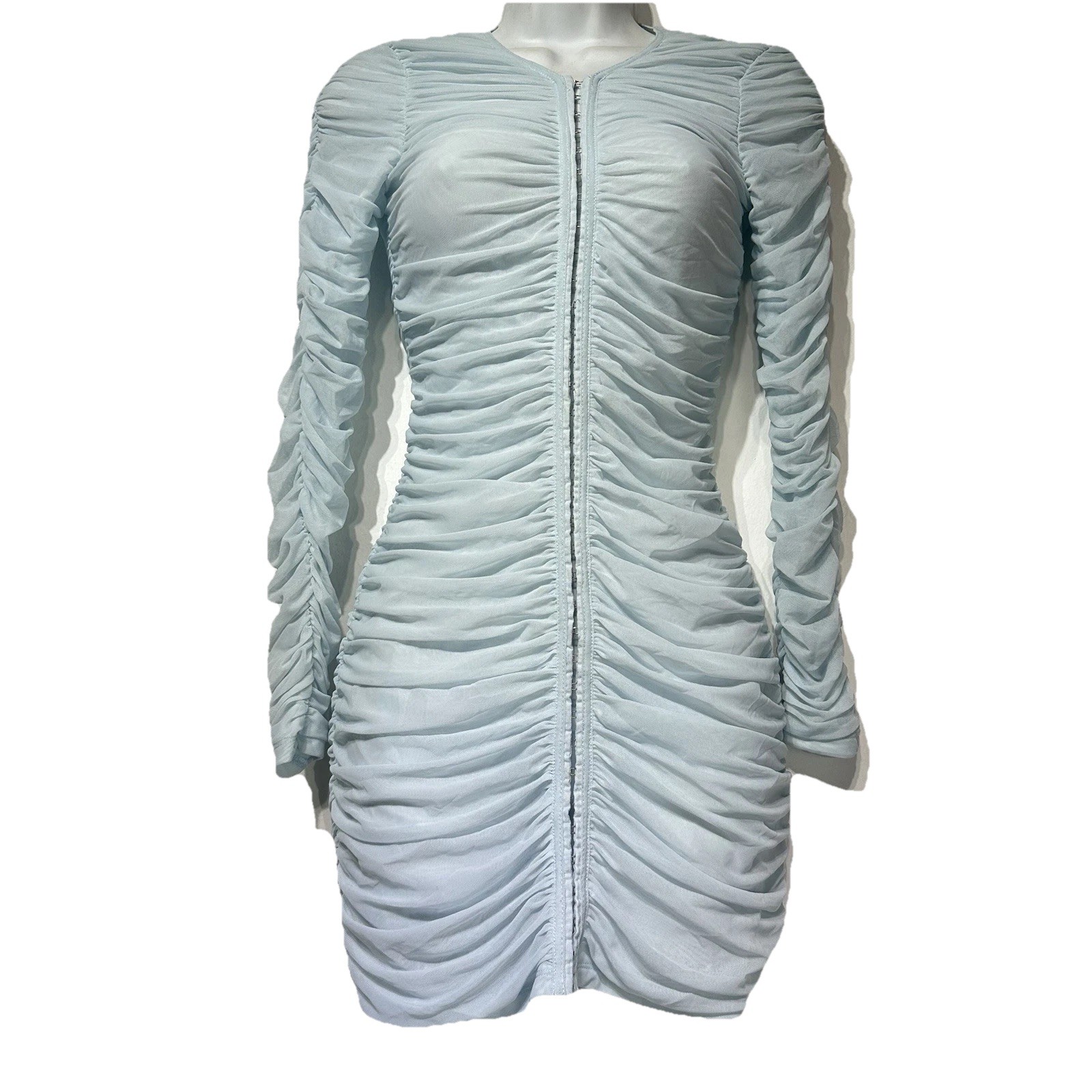 Lioness Urban Outfitters Blue Ruched Mini Dress XS Hook Eye Front Bodycon Y2K