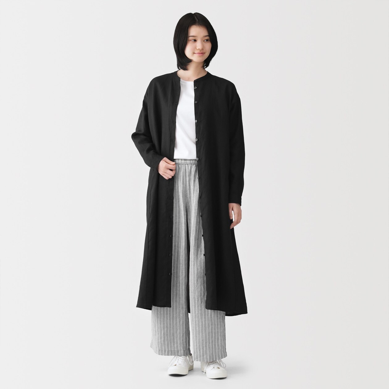 MUJI Womens 100% Linen Washed Long Sleeve Shirt Dress Black 2026 FedEx