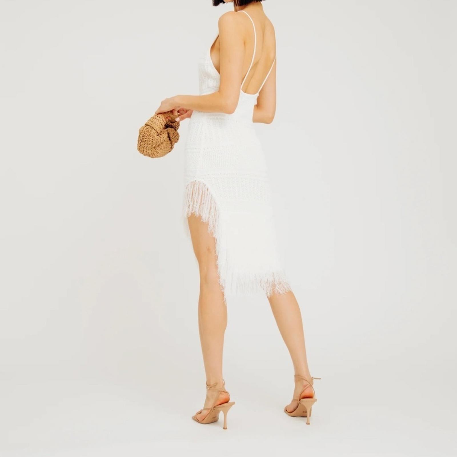 Torn by Ronny Kobo Yuna White Knit Fringe Asymmetric Midi Dress Size Large NWT
