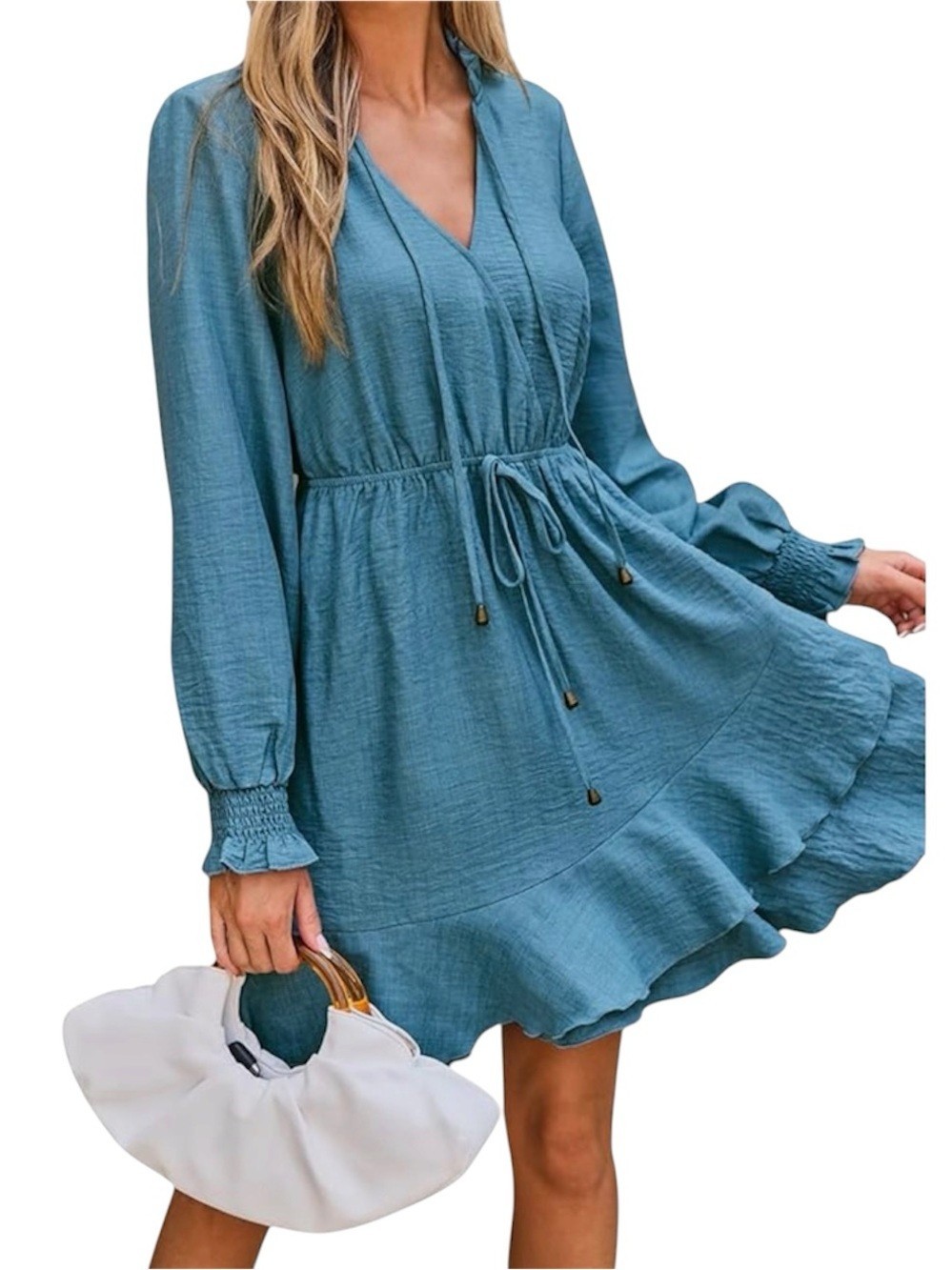 Cupshe Teal Blue Boho Flowy Mini Dress Tie Waist Ruffle Hem Long Sleeve