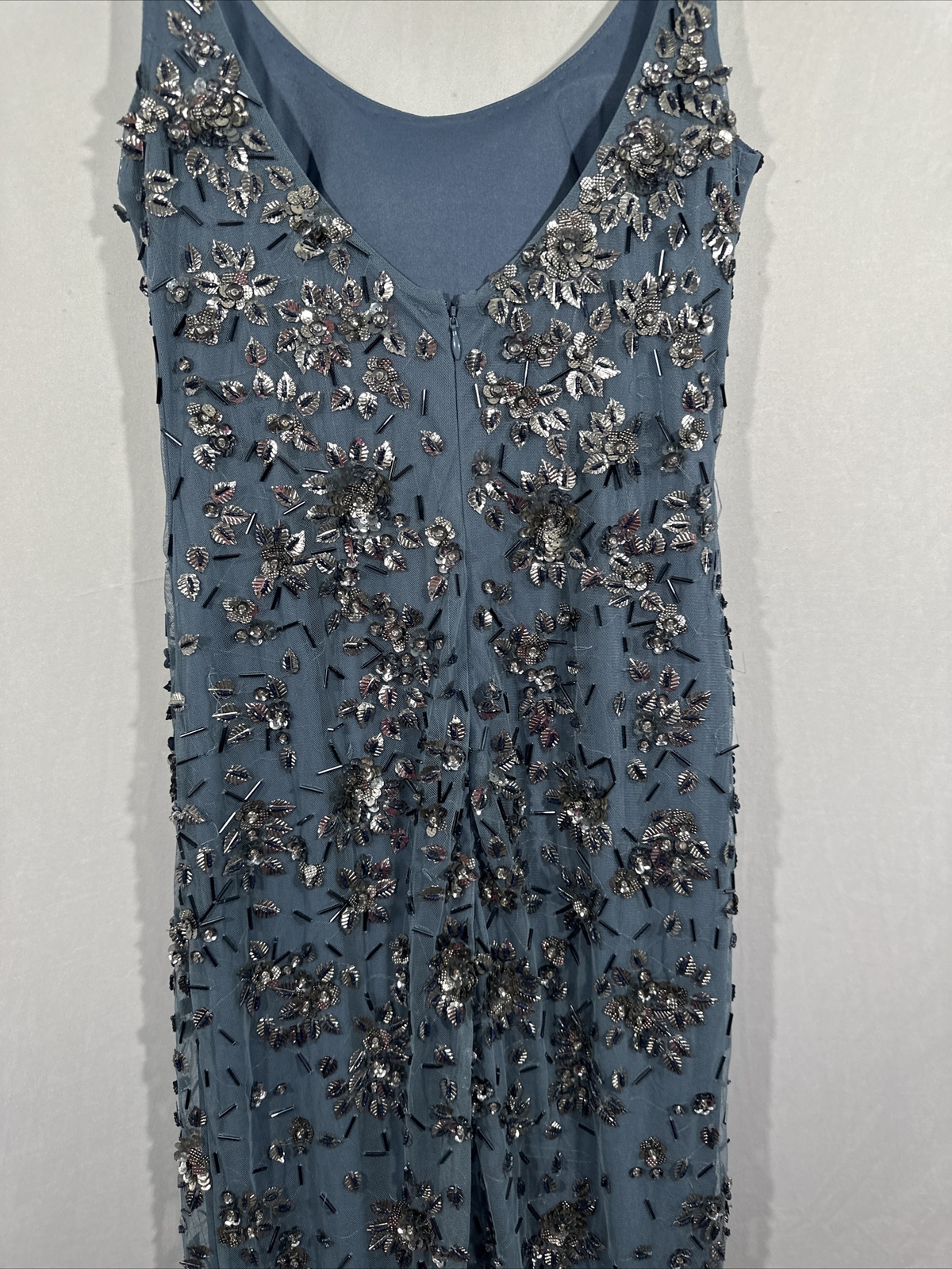 NWT Mac Duggal [ 4 ] 5477 Floral Embellished Scoop Neck Gown Slate Blue #S1248
