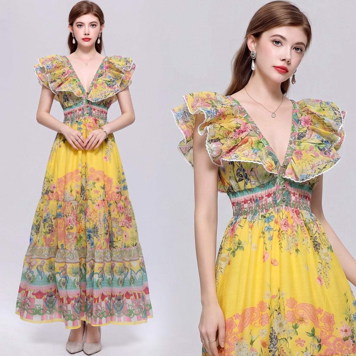 Vintage Floral Print Ruffled V Neck Sleeveless Women Casual Party Beach Dresses