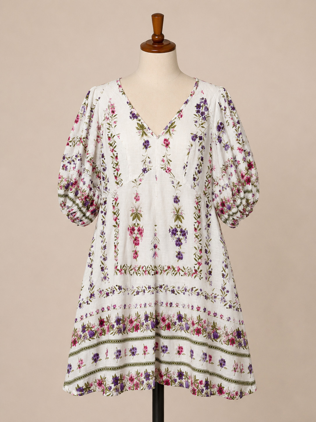CeCe Floral Linen Blend Puff Sleeve Mini Dress Medium Pockets