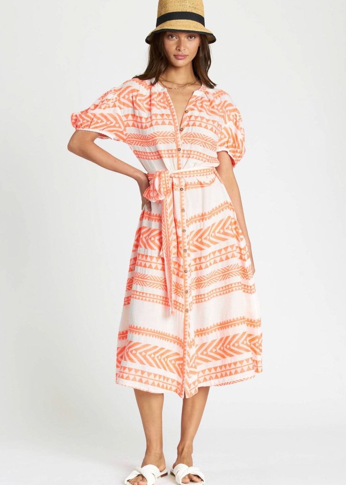 dRA Los Angeles Sera Orange Pattern Button Midi Women’s Dress