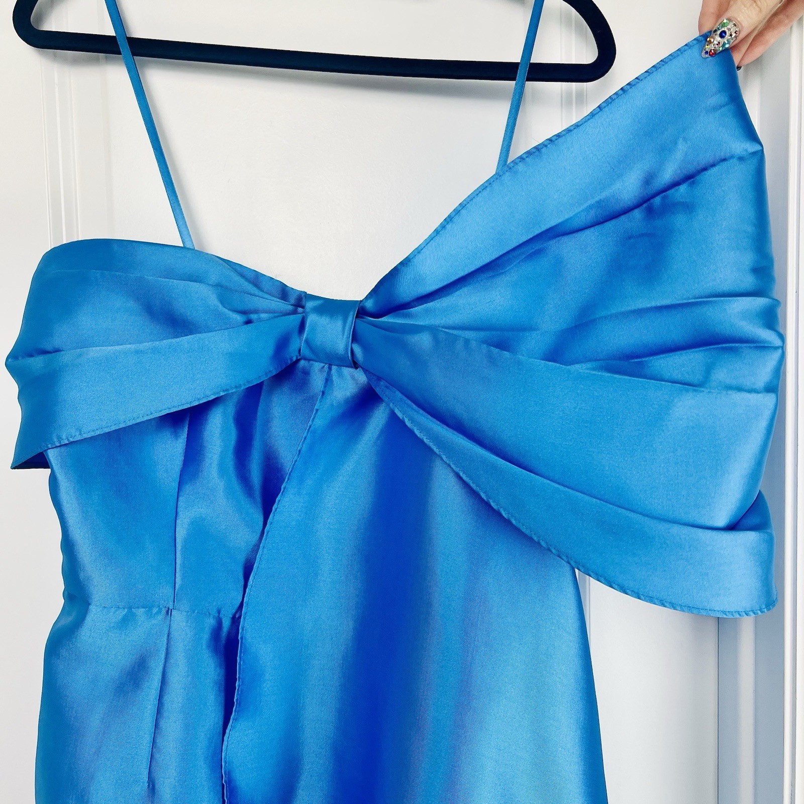 Hutch One Shoulder Bow Train Mini Dress 8 Medium Light Blue Satin High Low