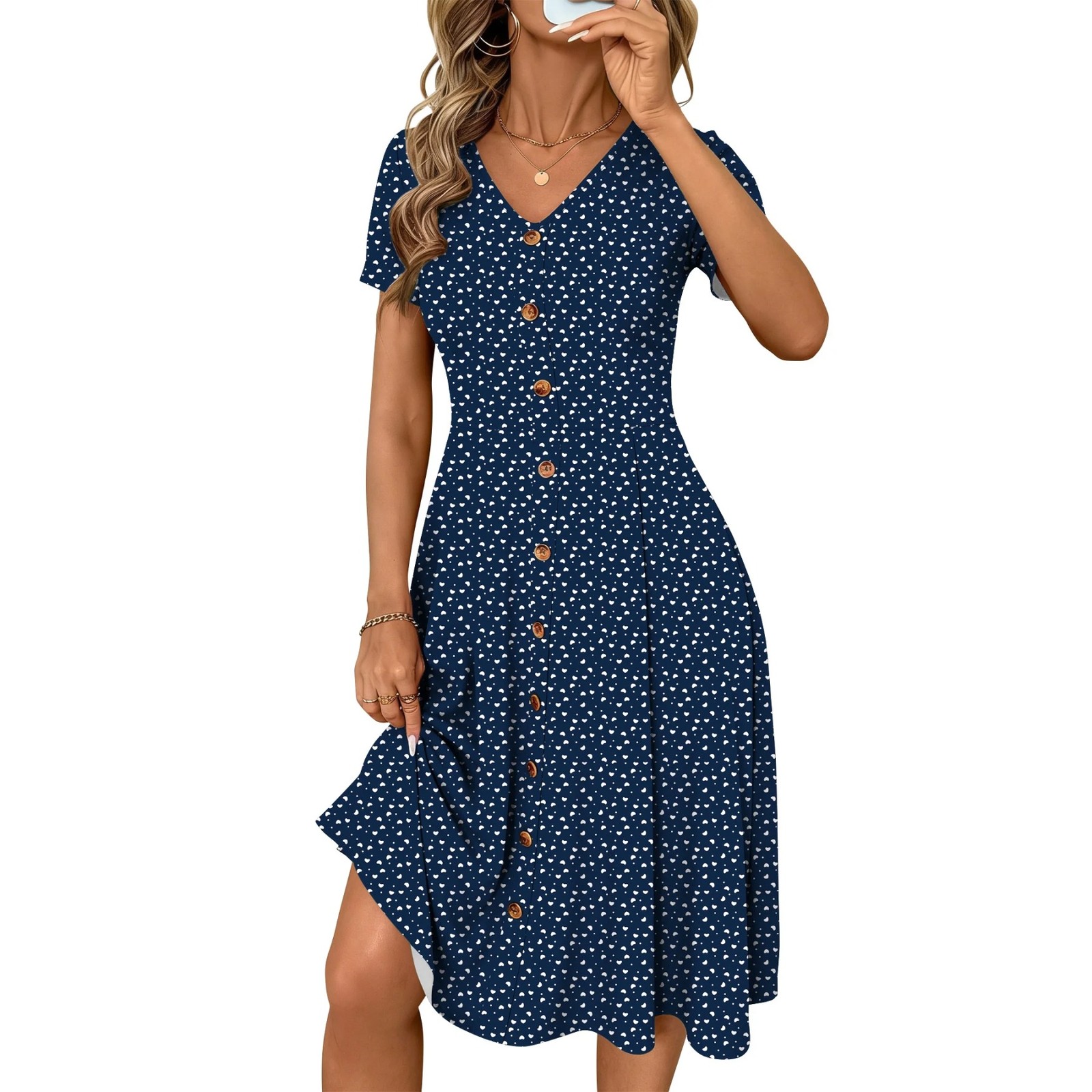 Women Summer Dress Floral Button Midi Sundress Short Sleeve V Neck Polka Dot